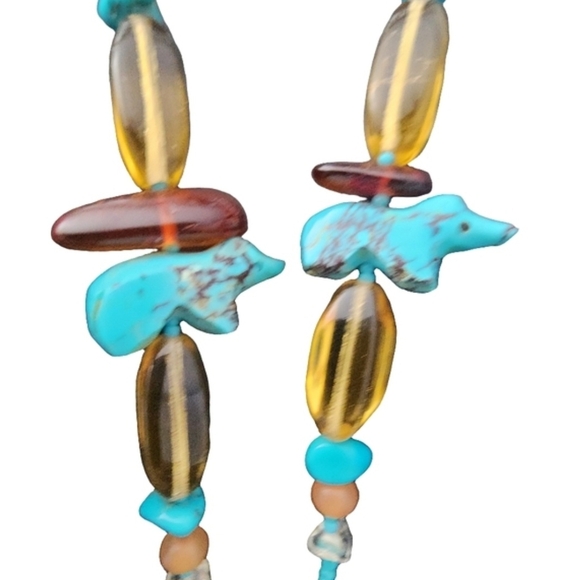 Vintage Native American Turquoise and Amber Beaded Lariat Fetish Bear Necklace - Picture 12 of 14